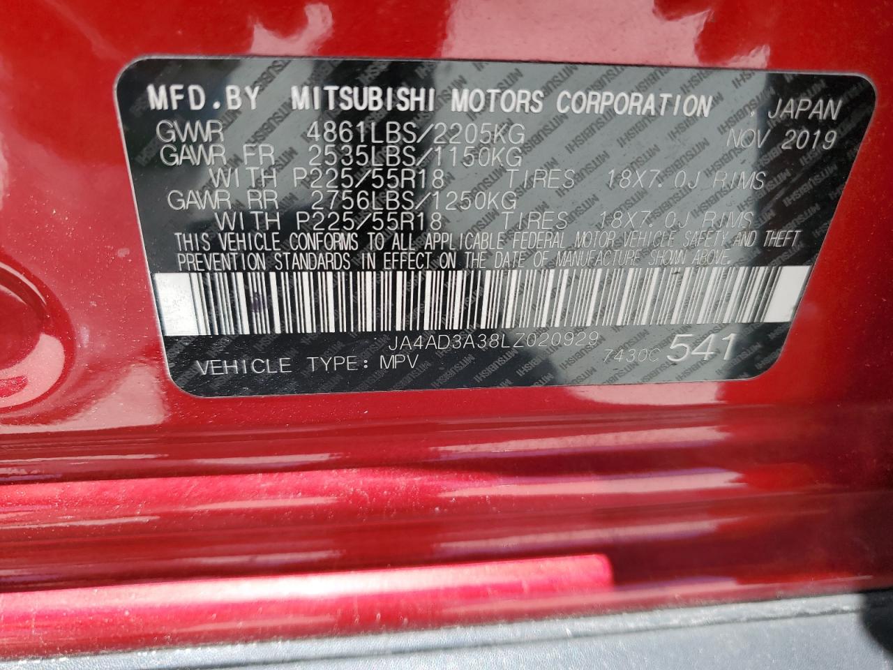 JA4AD3A38LZ020929 2020 Mitsubishi Outlander Se