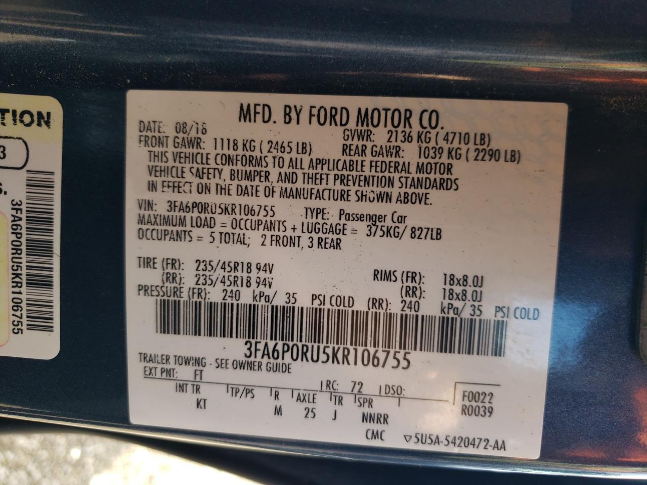 3FA6P0RU5KR106755 2019 Ford Fusion Titanium