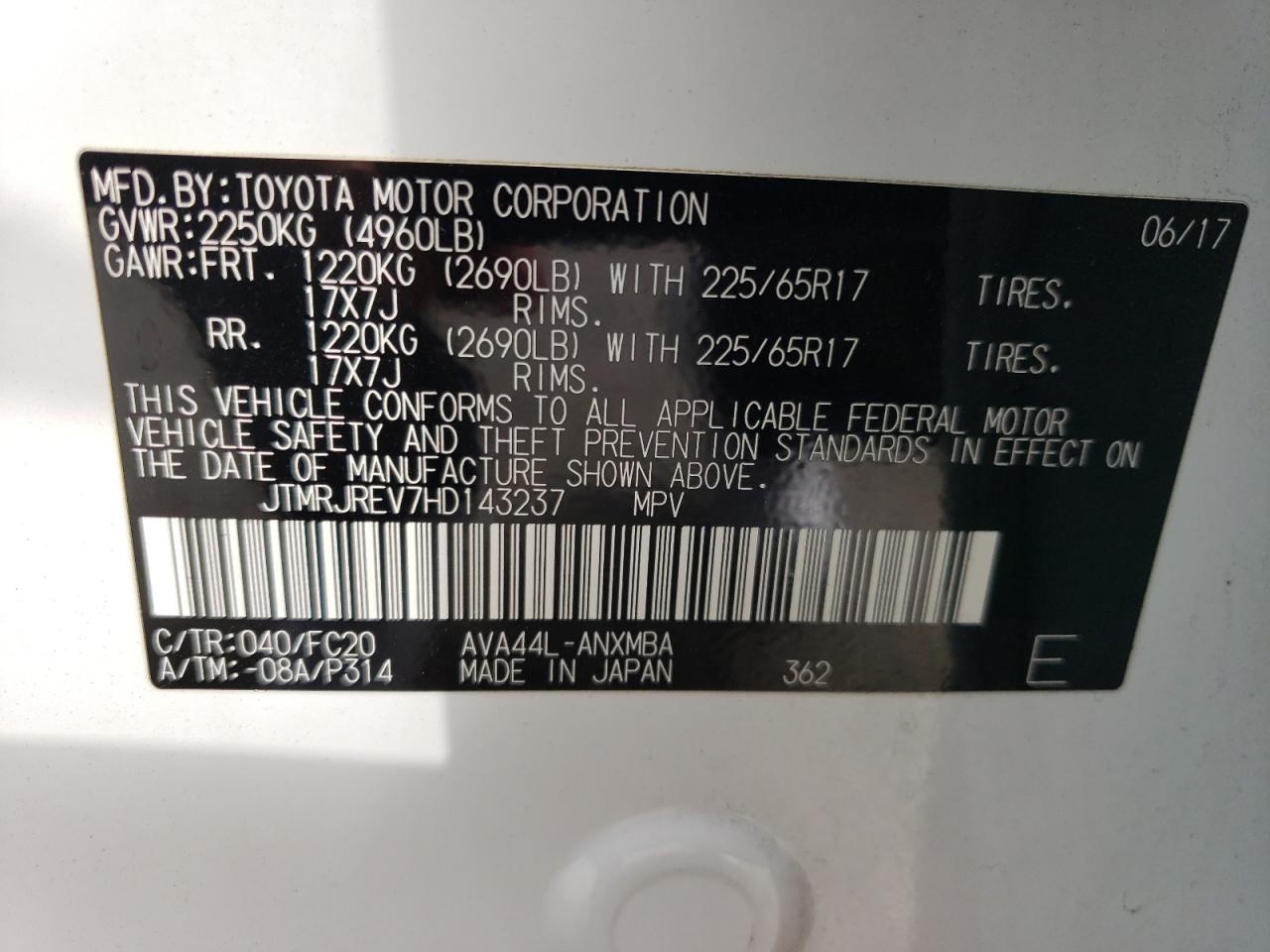 JTMRJREV7HD143237 2017 Toyota Rav4 Hv Le