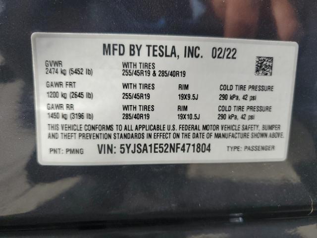 2022 Tesla Model S VIN: 5YJSA1E52NF471804 Lot: 61316414