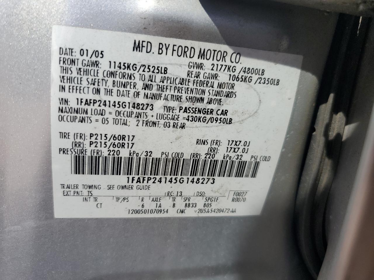 1FAFP24145G148273 2005 Ford Five Hundred Sel