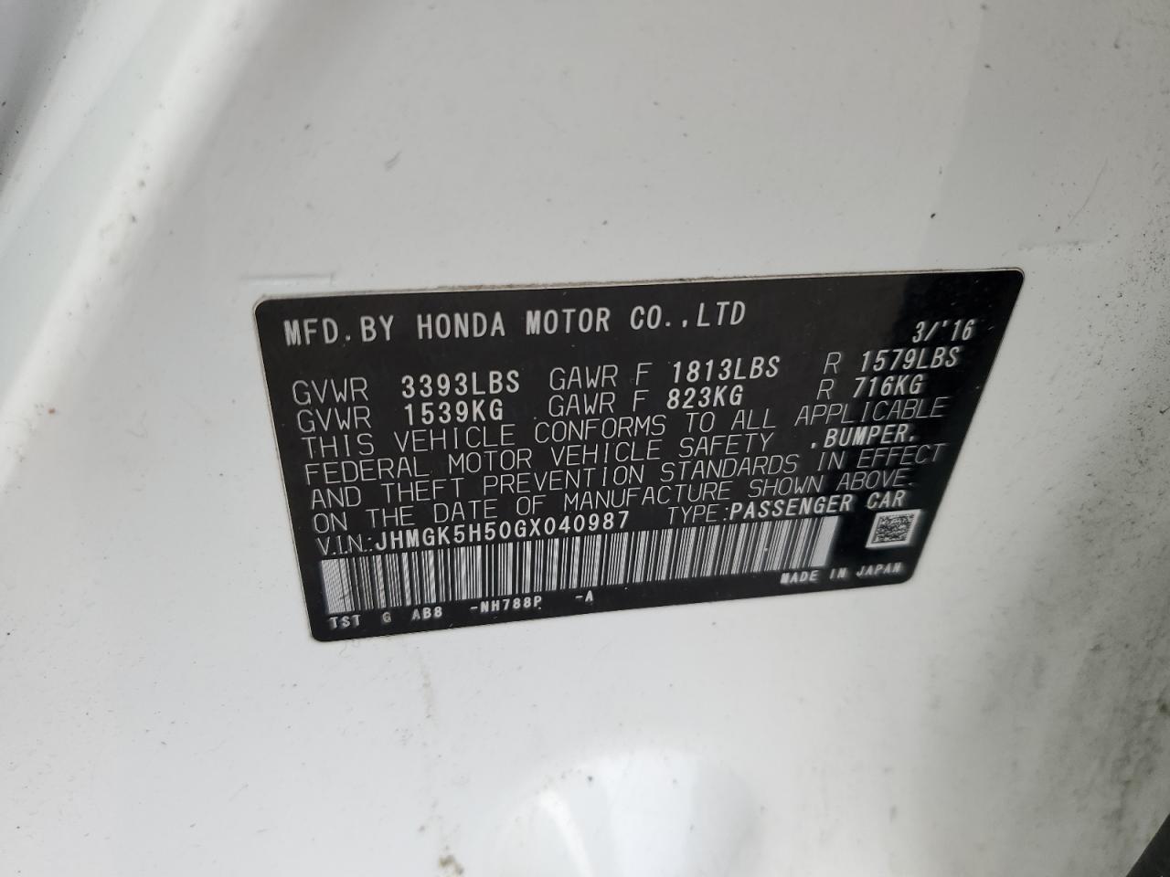 JHMGK5H50GX040987 2016 Honda Fit Lx