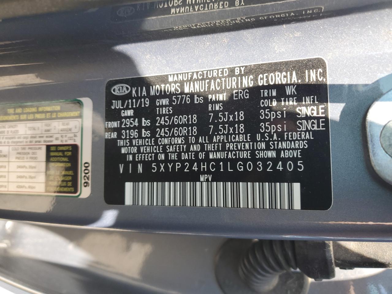 5XYP24HC1LG032405 2020 Kia Telluride Lx