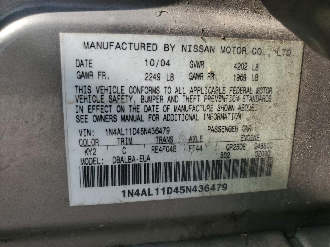 1N4AL11D45N436479 2005 Nissan Altima S