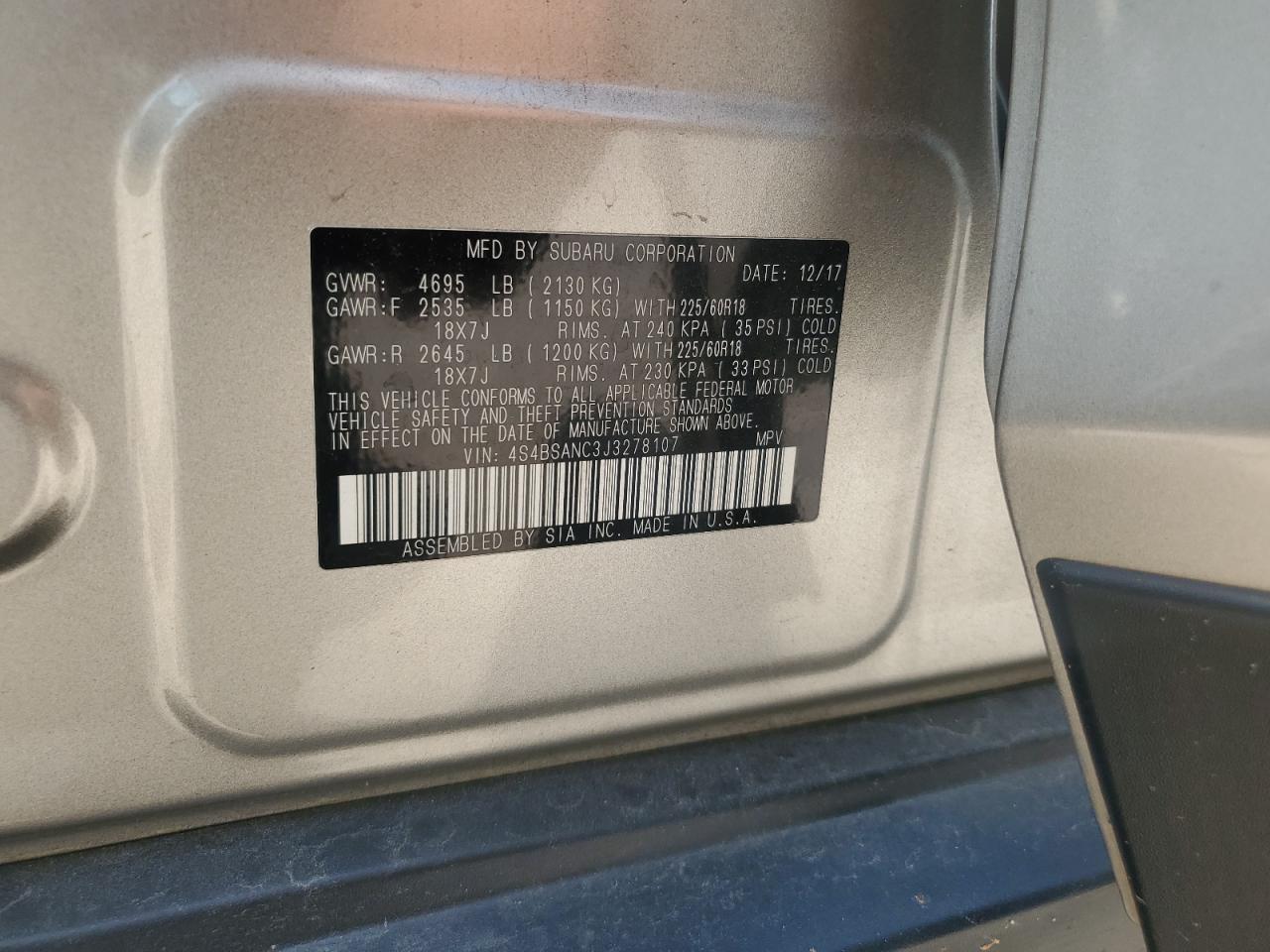 4S4BSANC3J3278107 2018 Subaru Outback 2.5I Limited