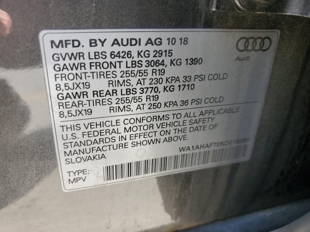 WA1AHAF70KD016566 2019 Audi Q7 Premium