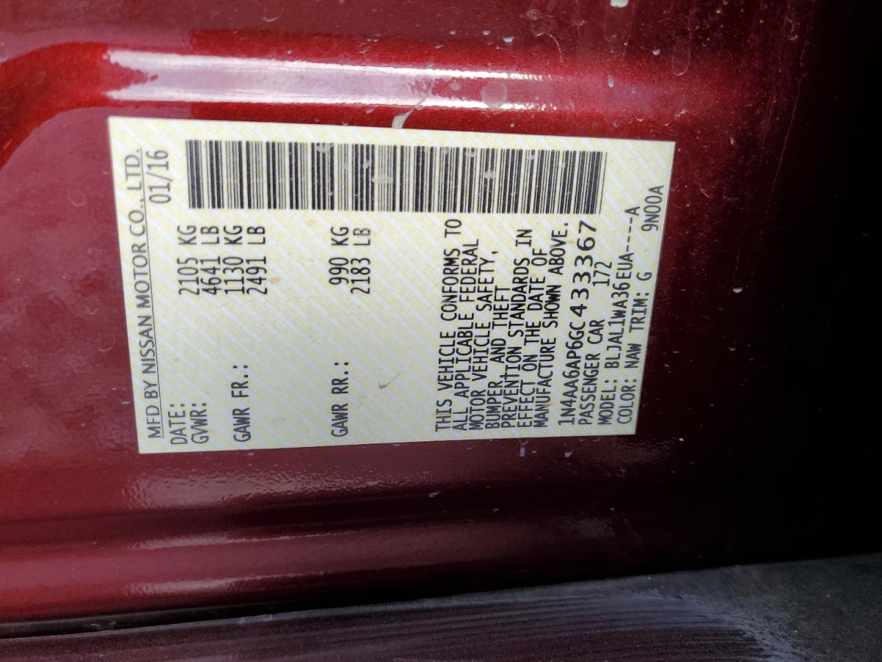 1N4AA6AP6GC433367 2016 Nissan Maxima 3.5S