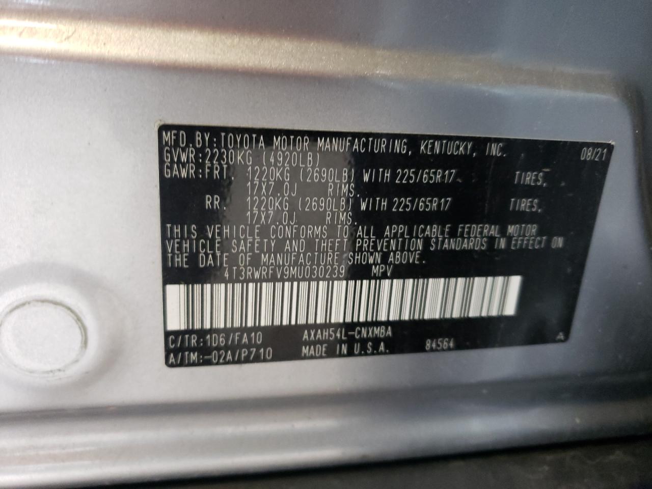 4T3RWRFV9MU030239 2021 Toyota Rav4 Xle