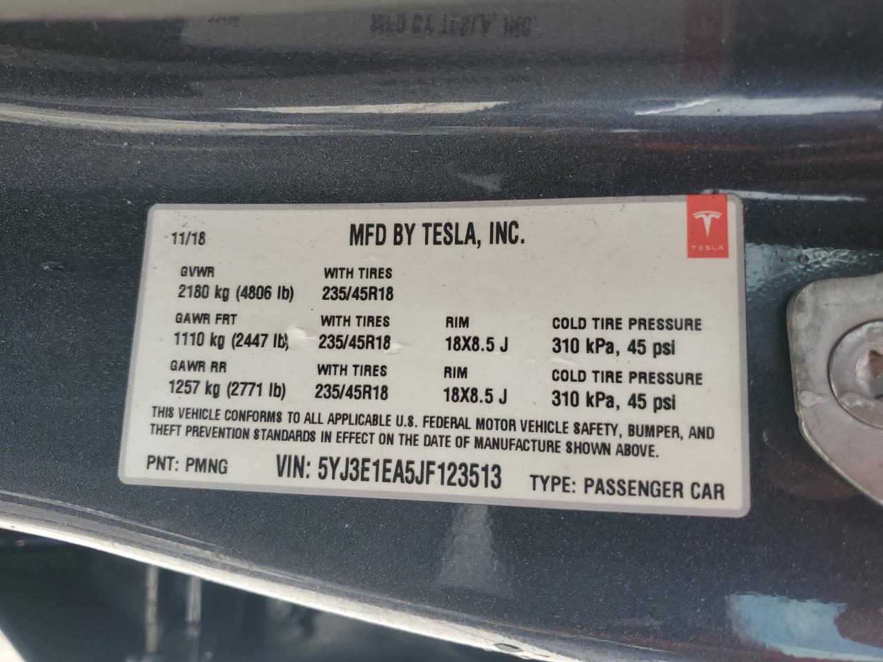 5YJ3E1EA5JF123513 2018 Tesla Model 3