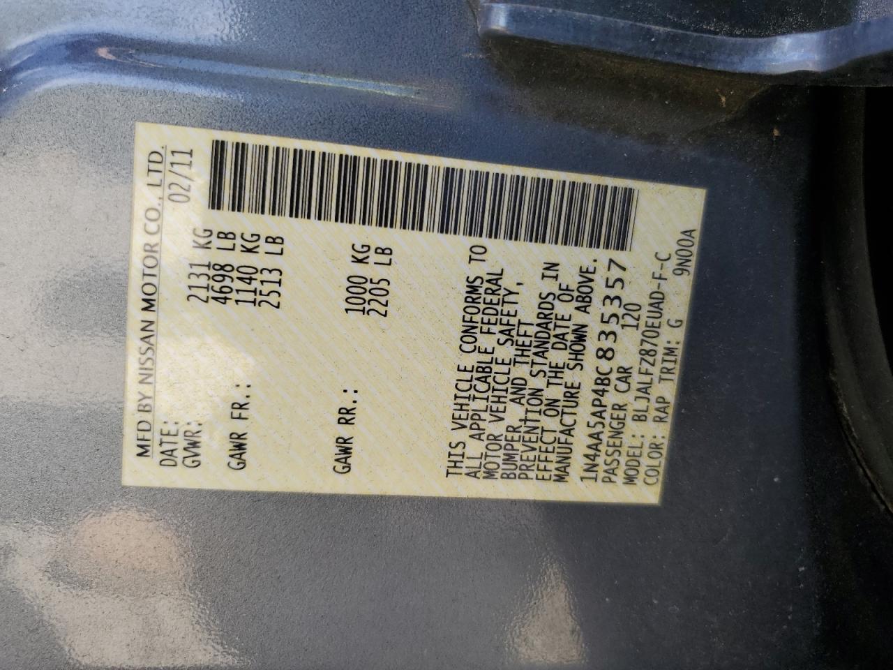 1N4AA5AP4BC835357 2011 Nissan Maxima S