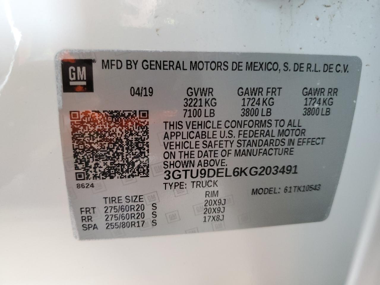 2019 GMC Sierra K1500 Slt vin: 3GTU9DEL6KG203491