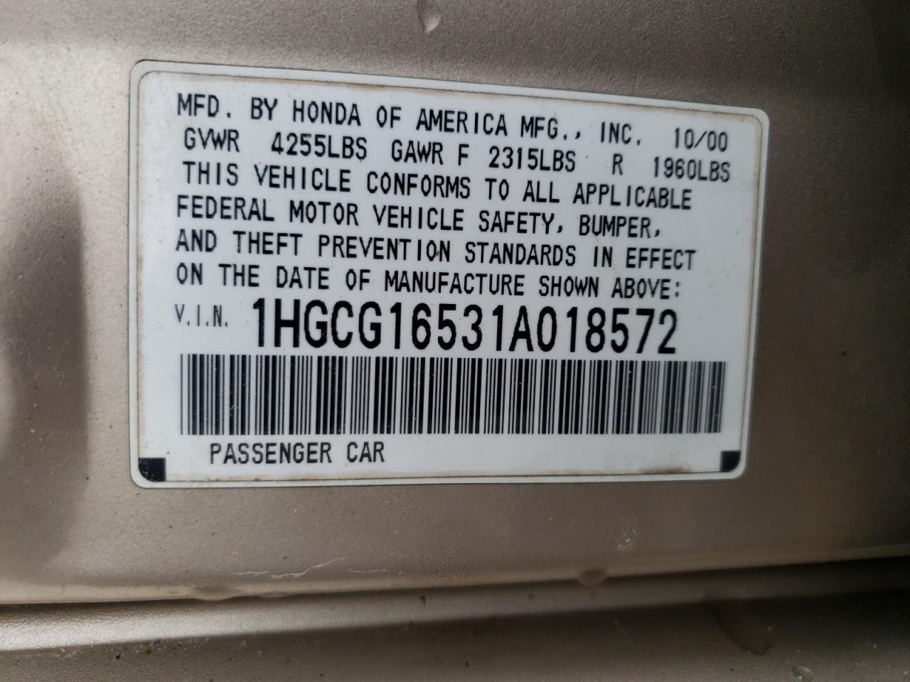 1HGCG16531A018572 2001 Honda Accord Ex