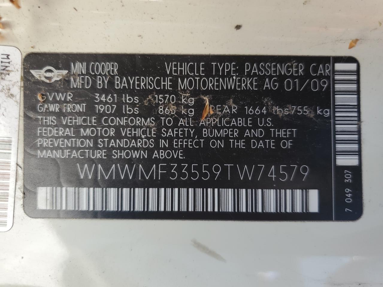 WMWMF33559TW74579 2009 Mini Cooper