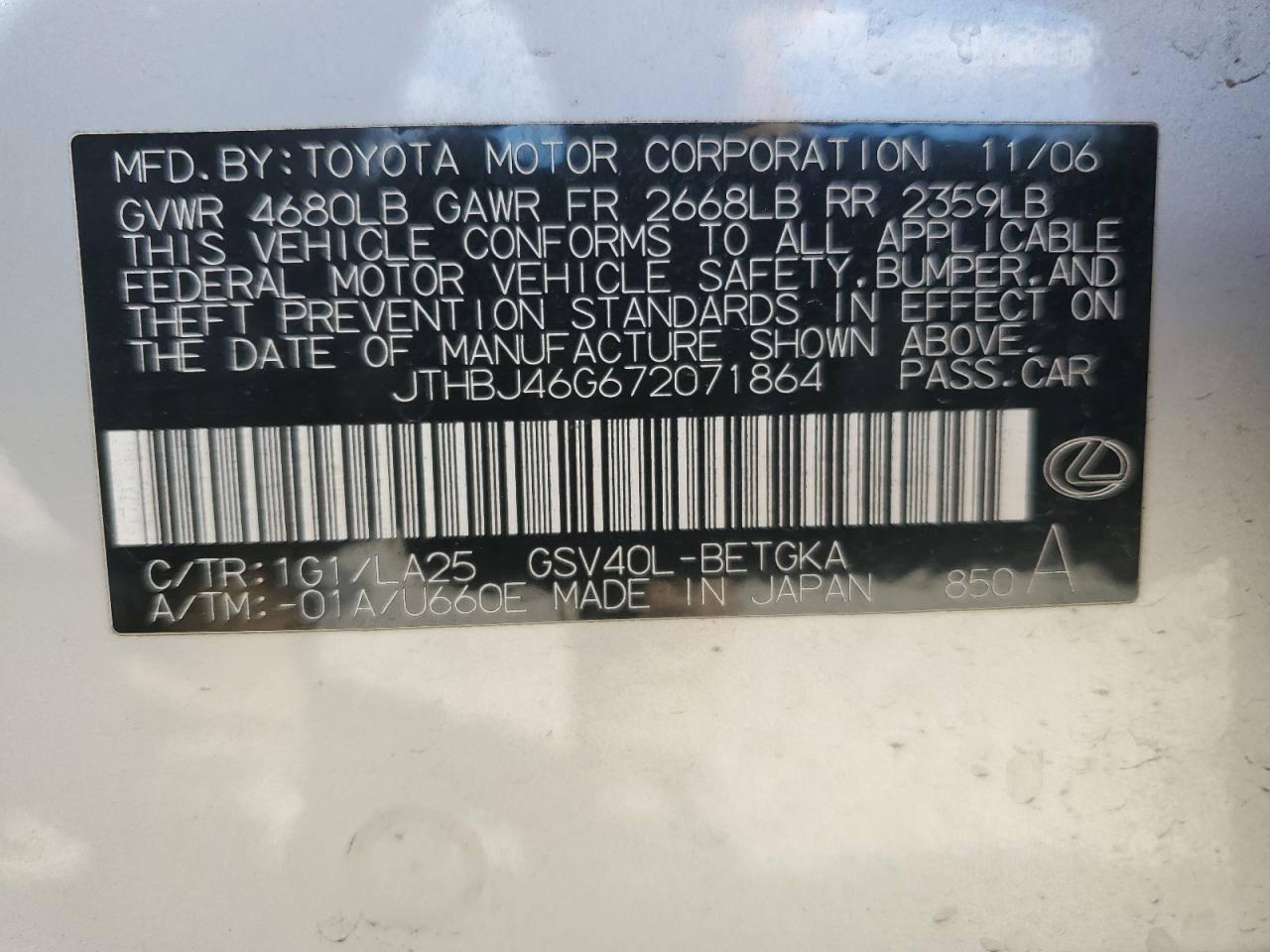 JTHBJ46G672071864 2007 Lexus Es 350