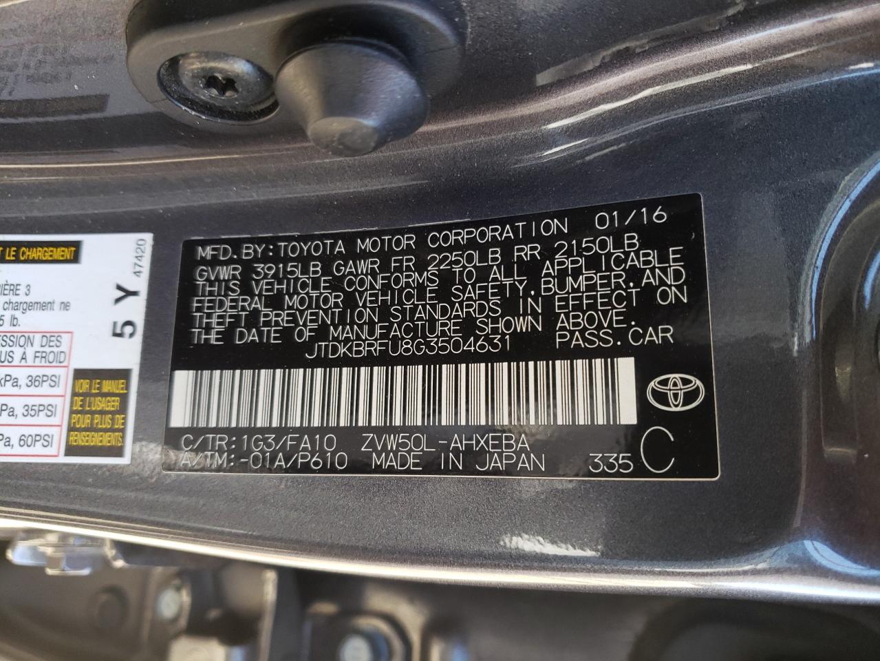 JTDKBRFU8G3504631 2016 Toyota Prius