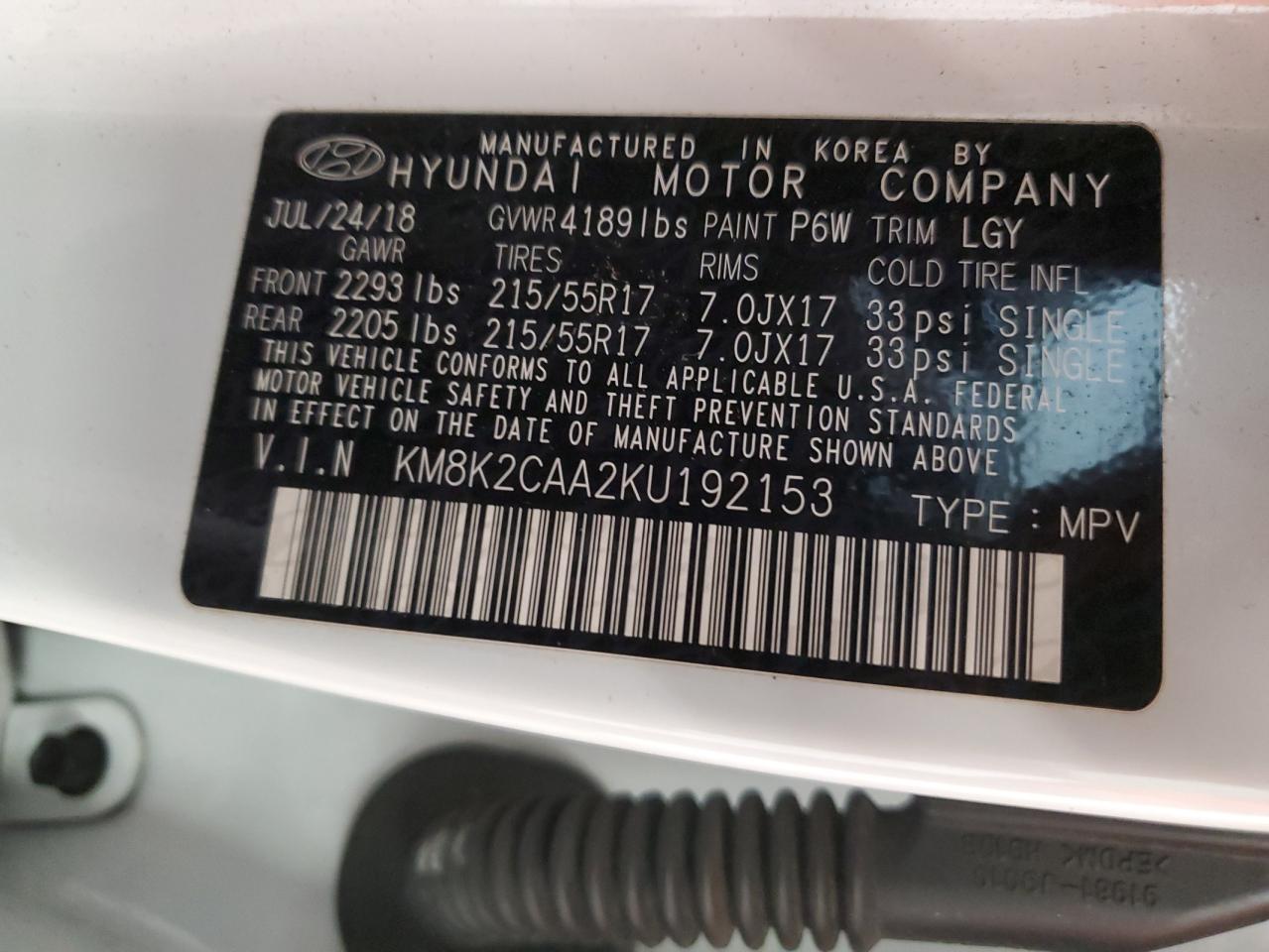 KM8K2CAA2KU192153 2019 Hyundai Kona Sel