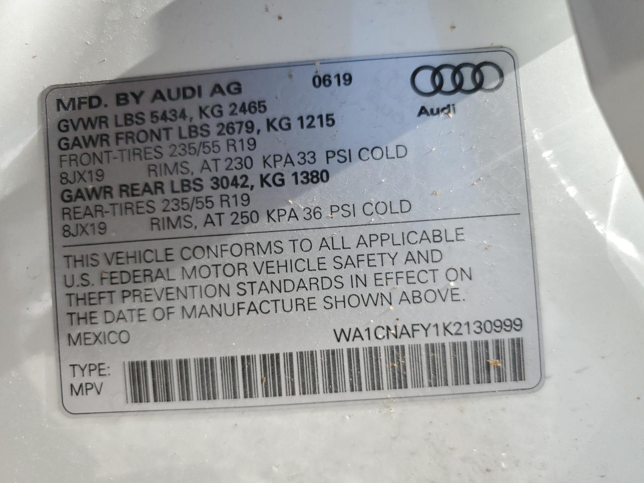 WA1CNAFY1K2130999 2019 Audi Q5 Prestige