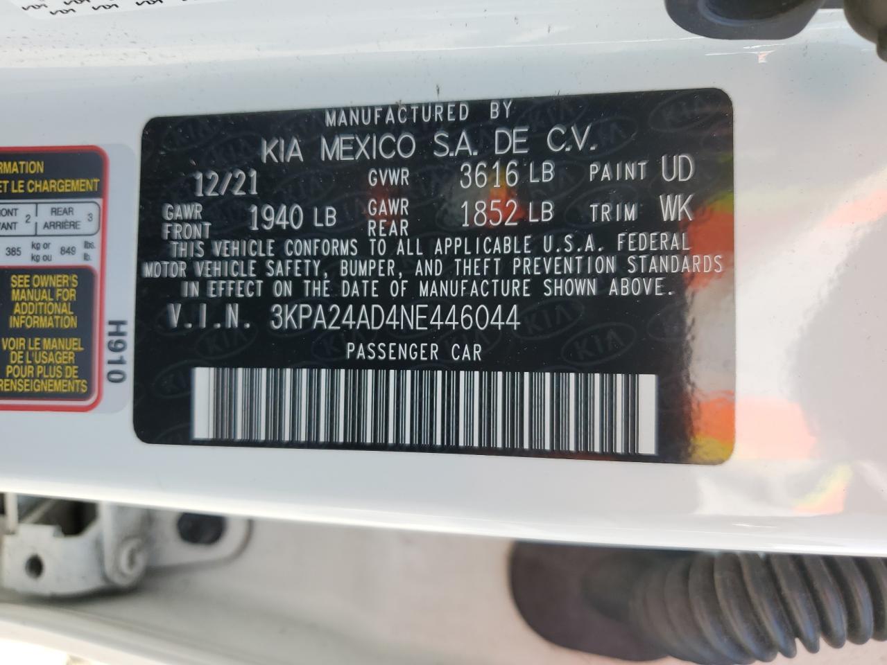 3KPA24AD4NE446044 2022 Kia Rio Lx