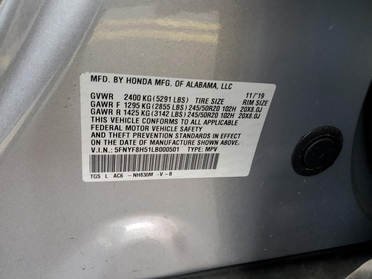 5FNYF8H51LB000501 2020 Honda Passport Exl