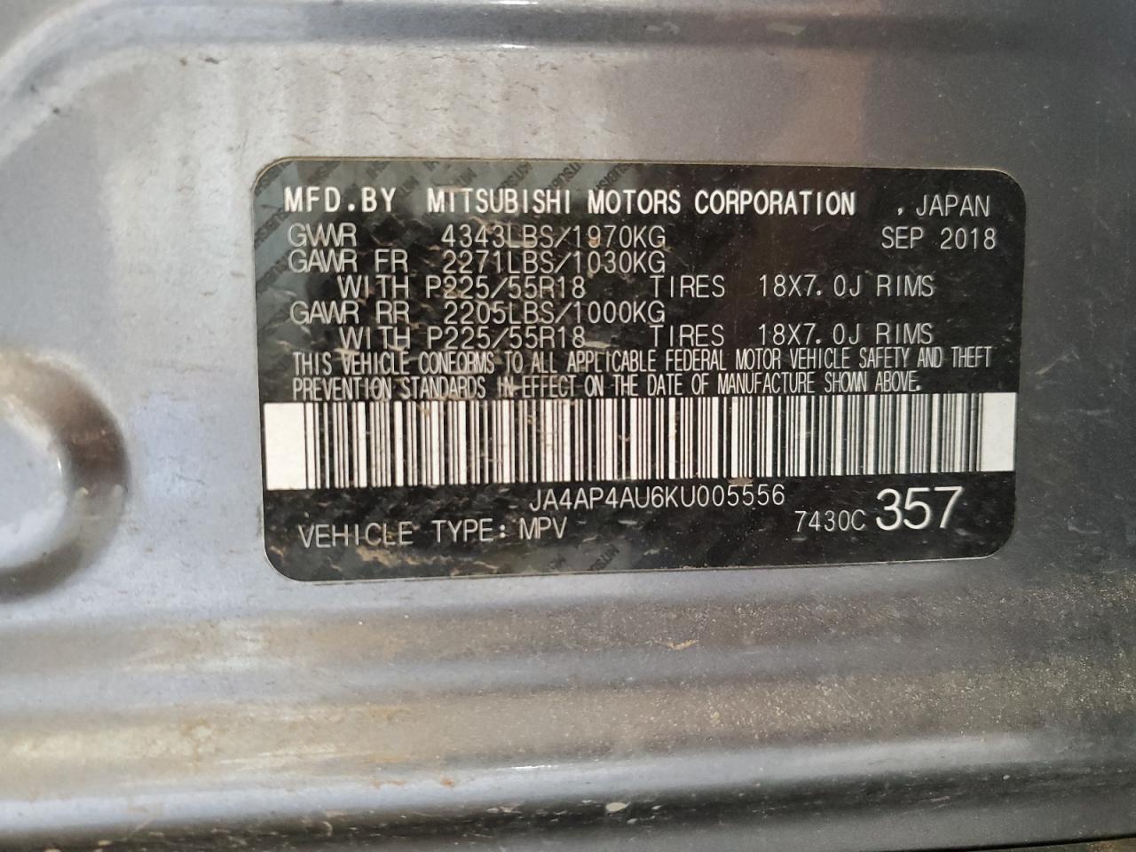 JA4AP4AU6KU005556 2019 Mitsubishi Outlander Sport Se