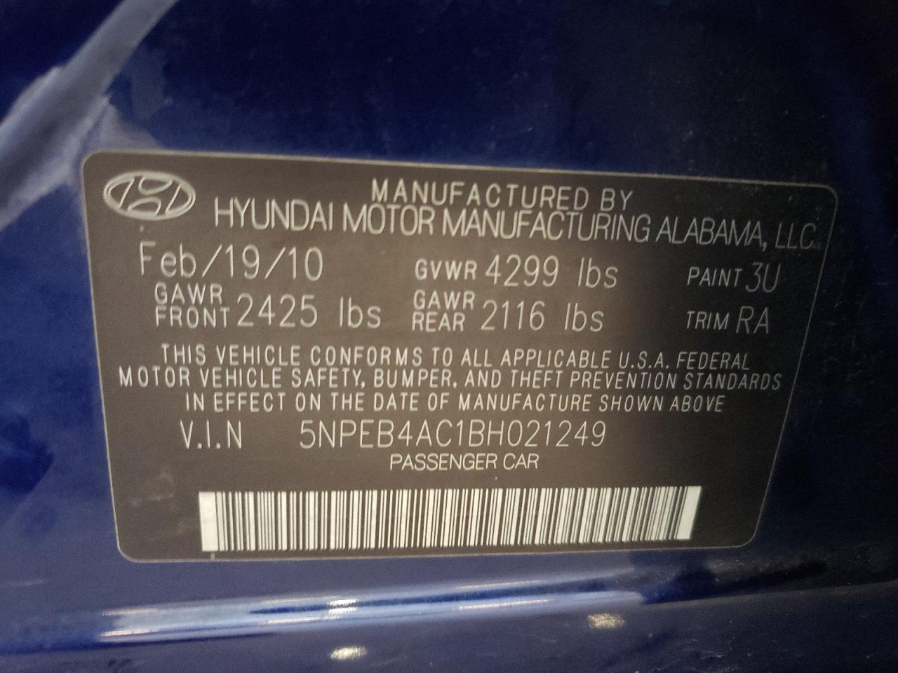 5NPEB4AC1BH021249 2011 Hyundai Sonata Gls