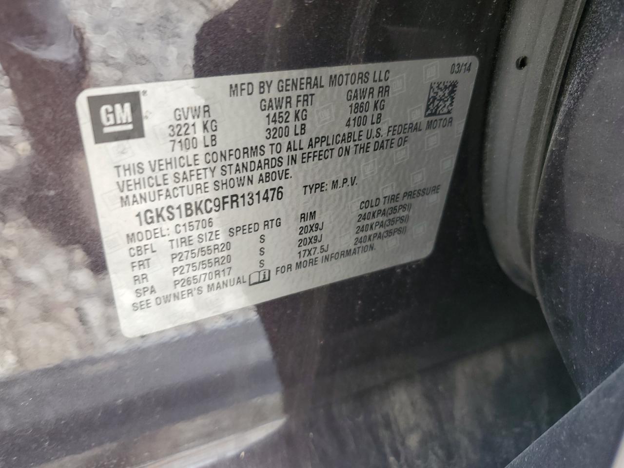 1GKS1BKC9FR131476 2015 GMC Yukon Slt