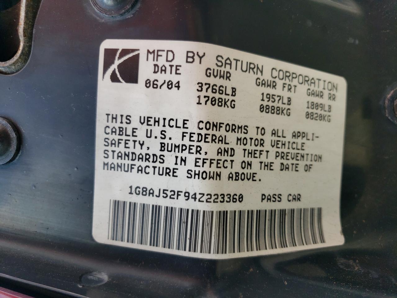 1G8AJ52F94Z223360 2004 Saturn Ion Level 2