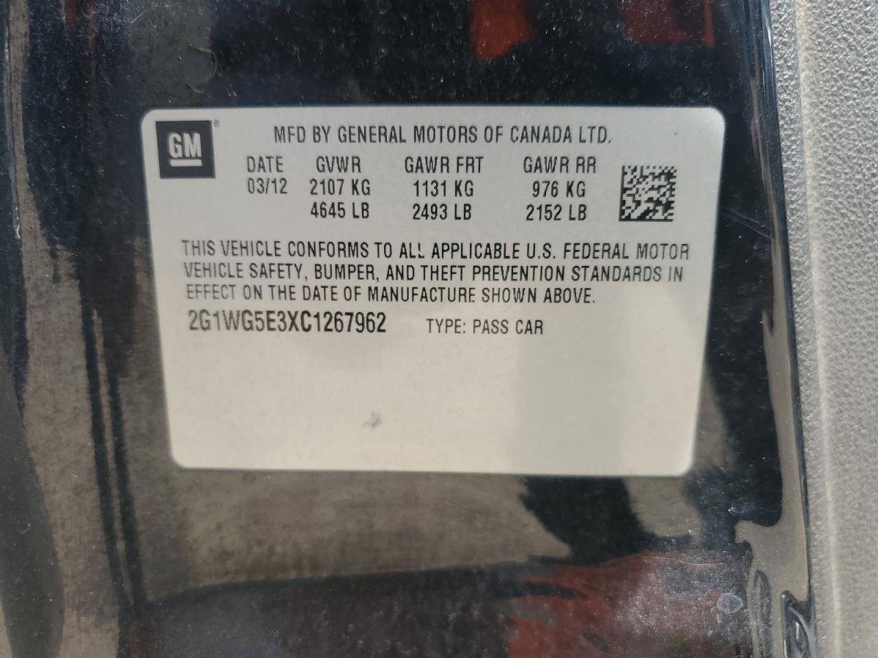 2G1WG5E3XC1267962 2012 Chevrolet Impala Lt