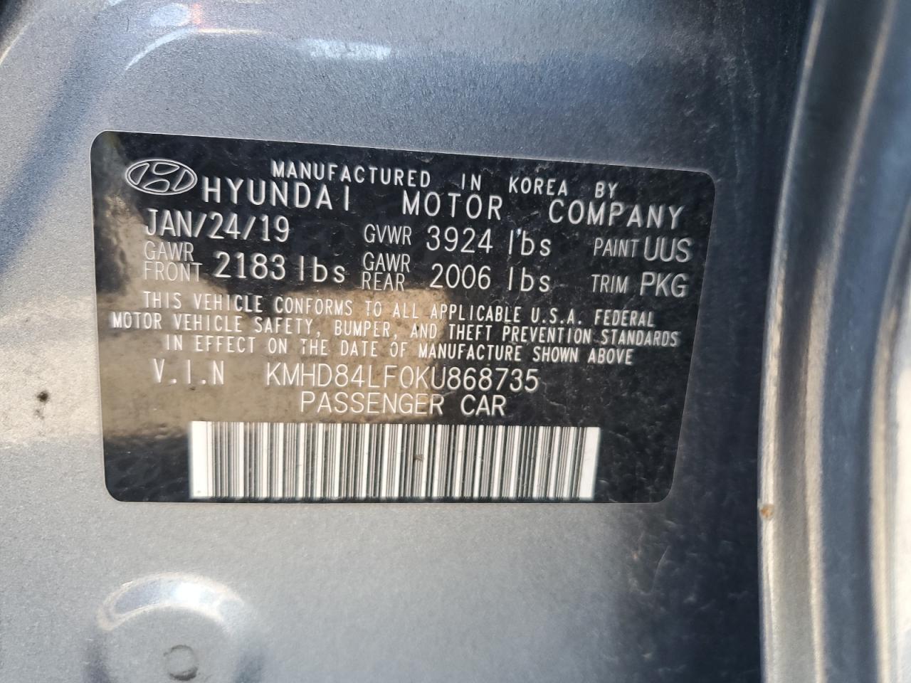 KMHD84LF0KU868735 2019 Hyundai Elantra Sel