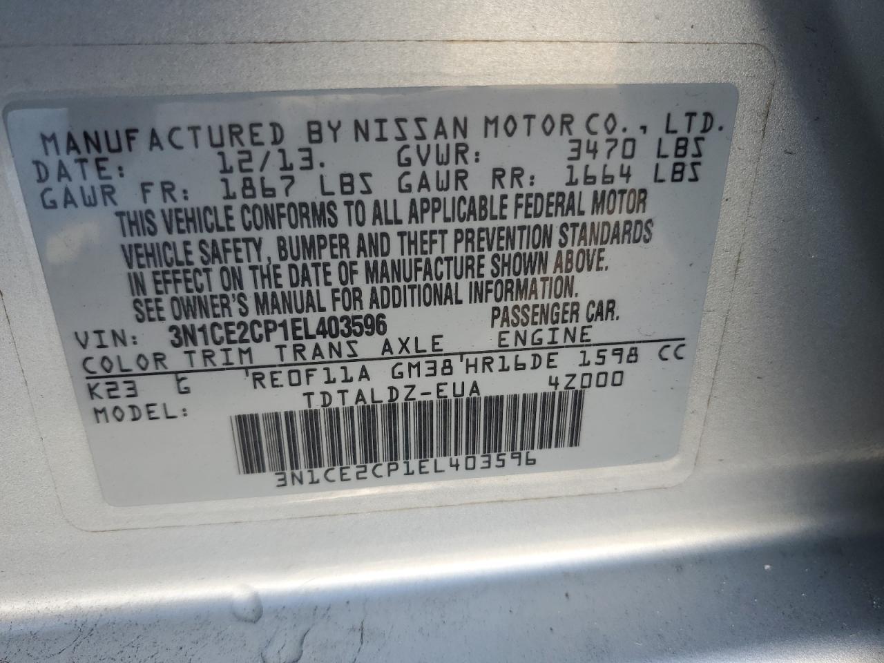 3N1CE2CP1EL403596 2014 Nissan Versa Note S