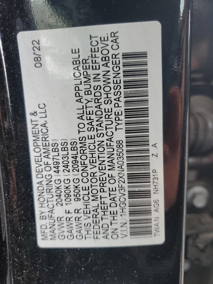 1HGCV3F2XNA035088 2022 Honda Accord Hybrid Sport