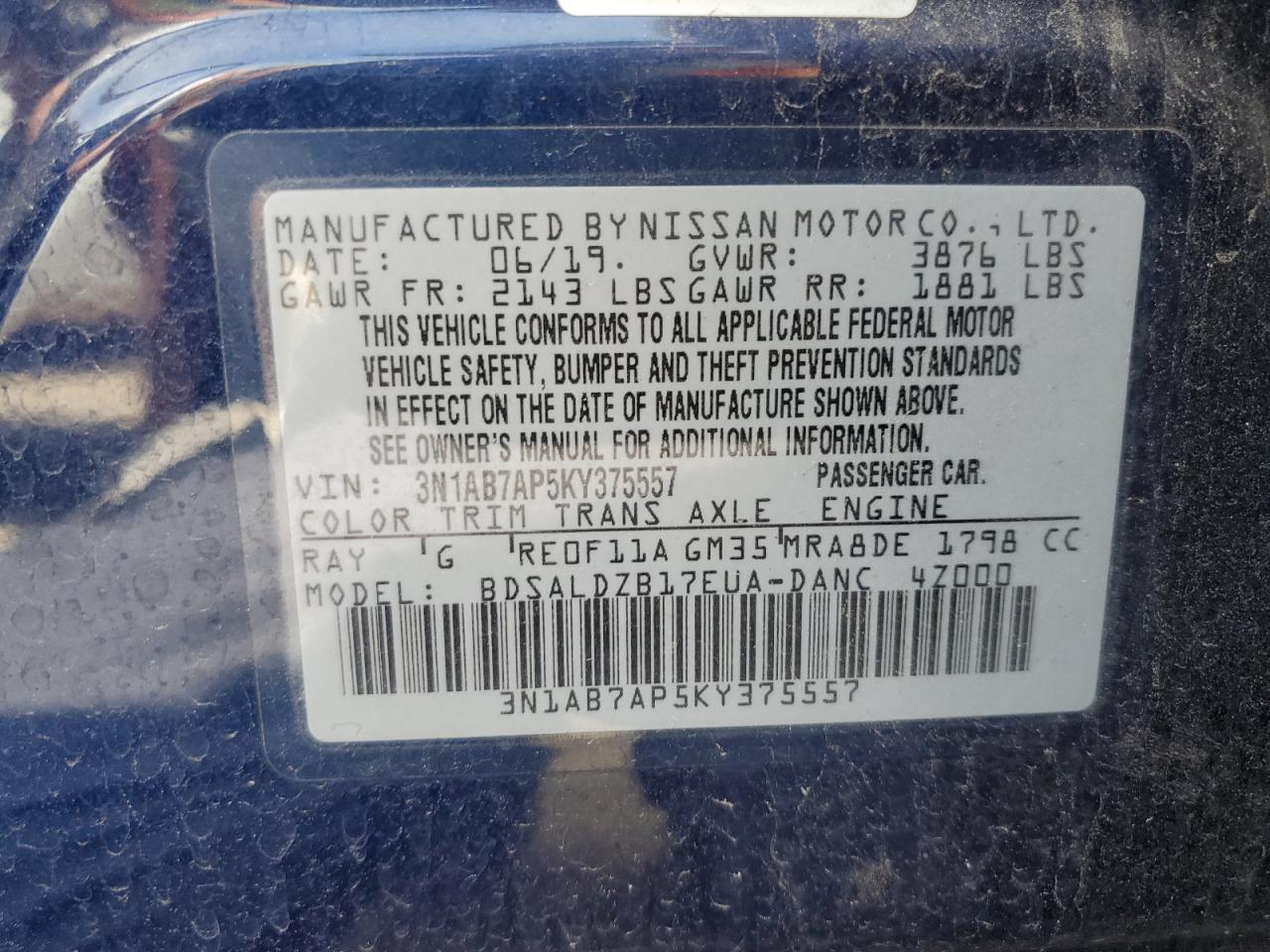 3N1AB7AP5KY375557 2019 Nissan Sentra S