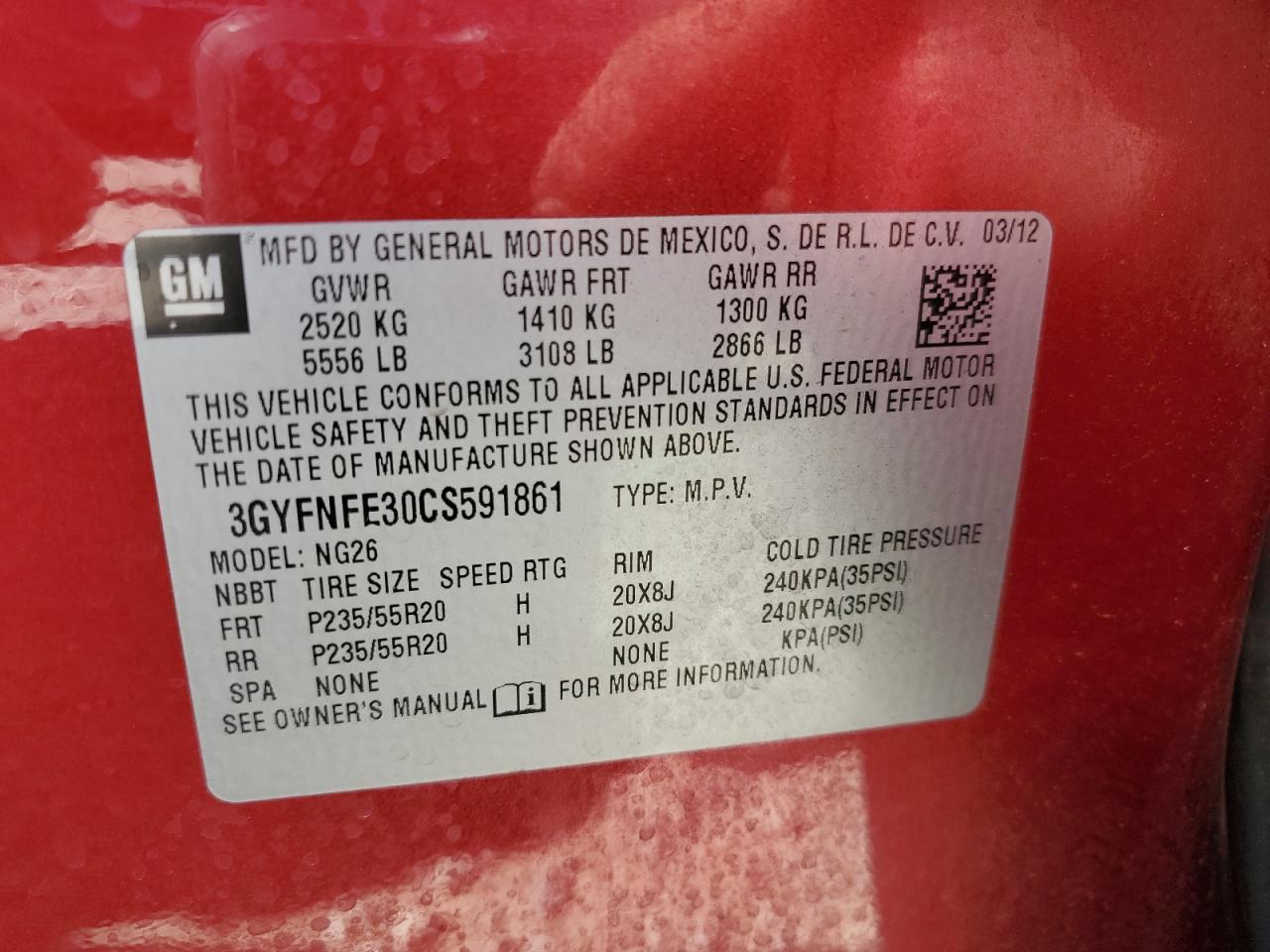 3GYFNFE30CS591861 2012 Cadillac Srx Premium Collection