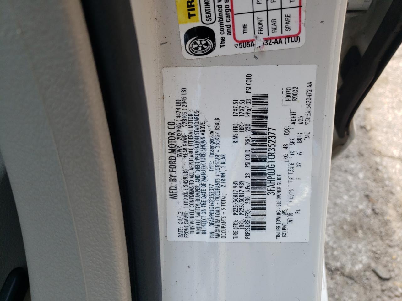 3FAHP0JG1CR352377 2012 Ford Fusion Sel