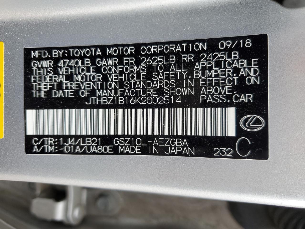 JTHBZ1B16K2002514 2019 Lexus Es 350