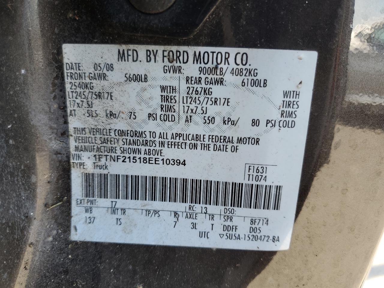 1FTNF21518EE10394 2008 Ford F250 Super Duty