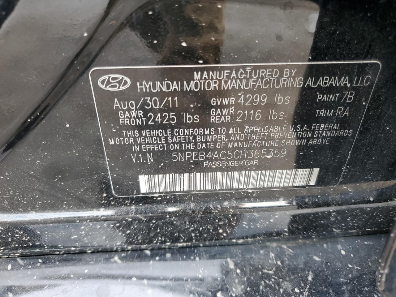 5NPEB4AC5CH365359 2012 Hyundai Sonata Gls