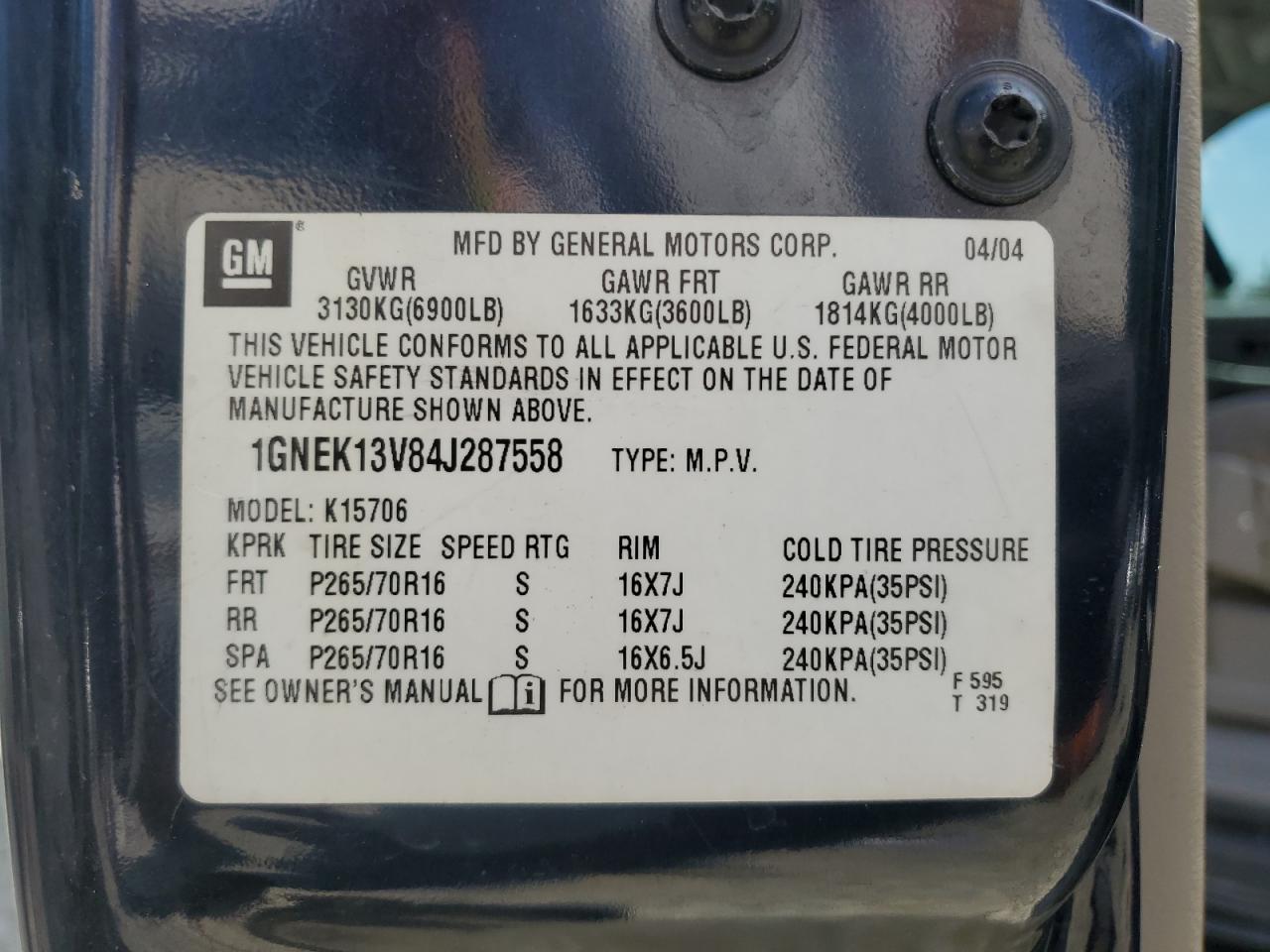 1GNEK13V84J287558 2004 Chevrolet Tahoe K1500