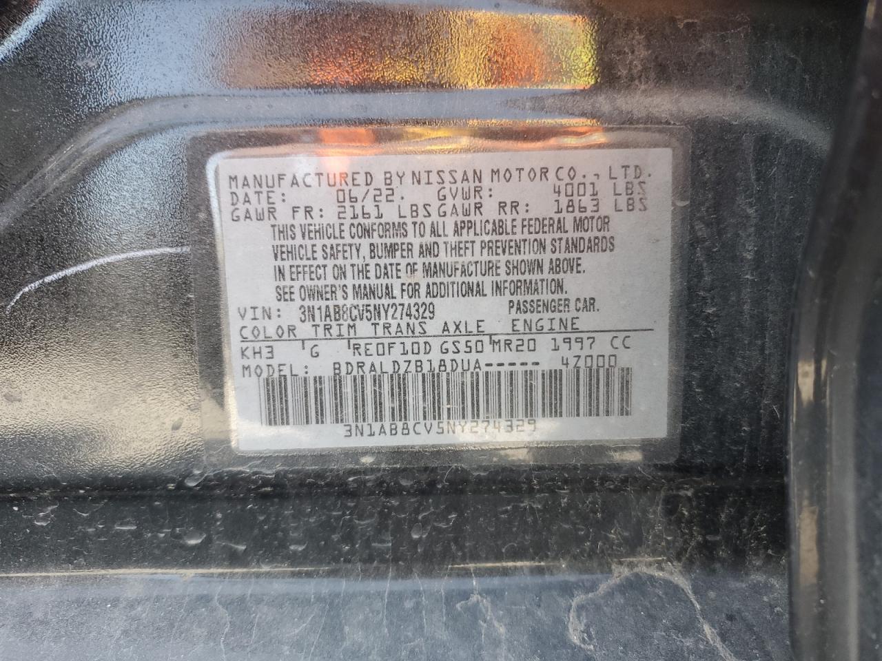 3N1AB8CV5NY274329 2022 Nissan Sentra Sv