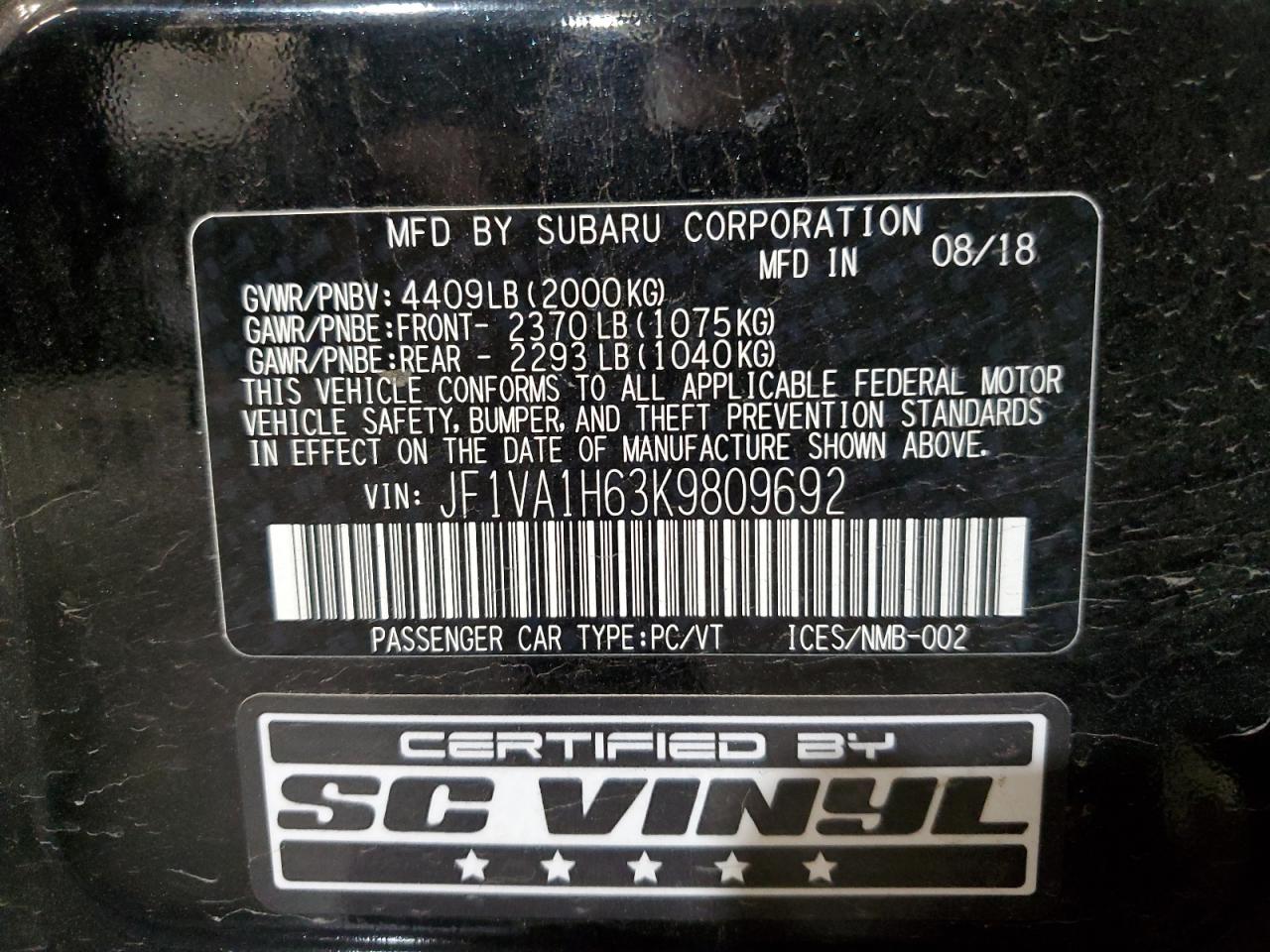 JF1VA1H63K9809692 2019 Subaru Wrx Limited