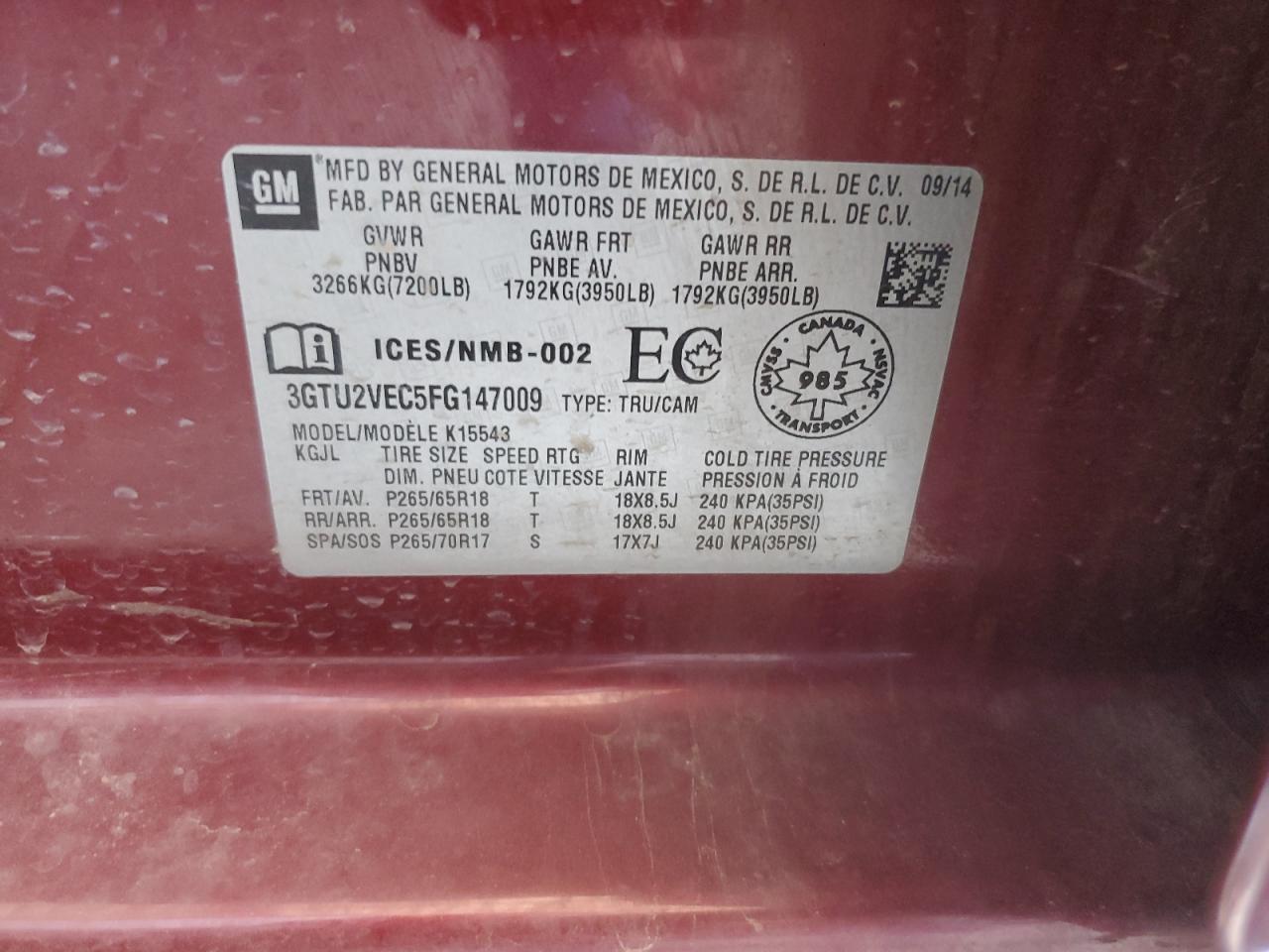 3GTU2VEC5FG147009 2015 GMC Sierra K1500 Slt