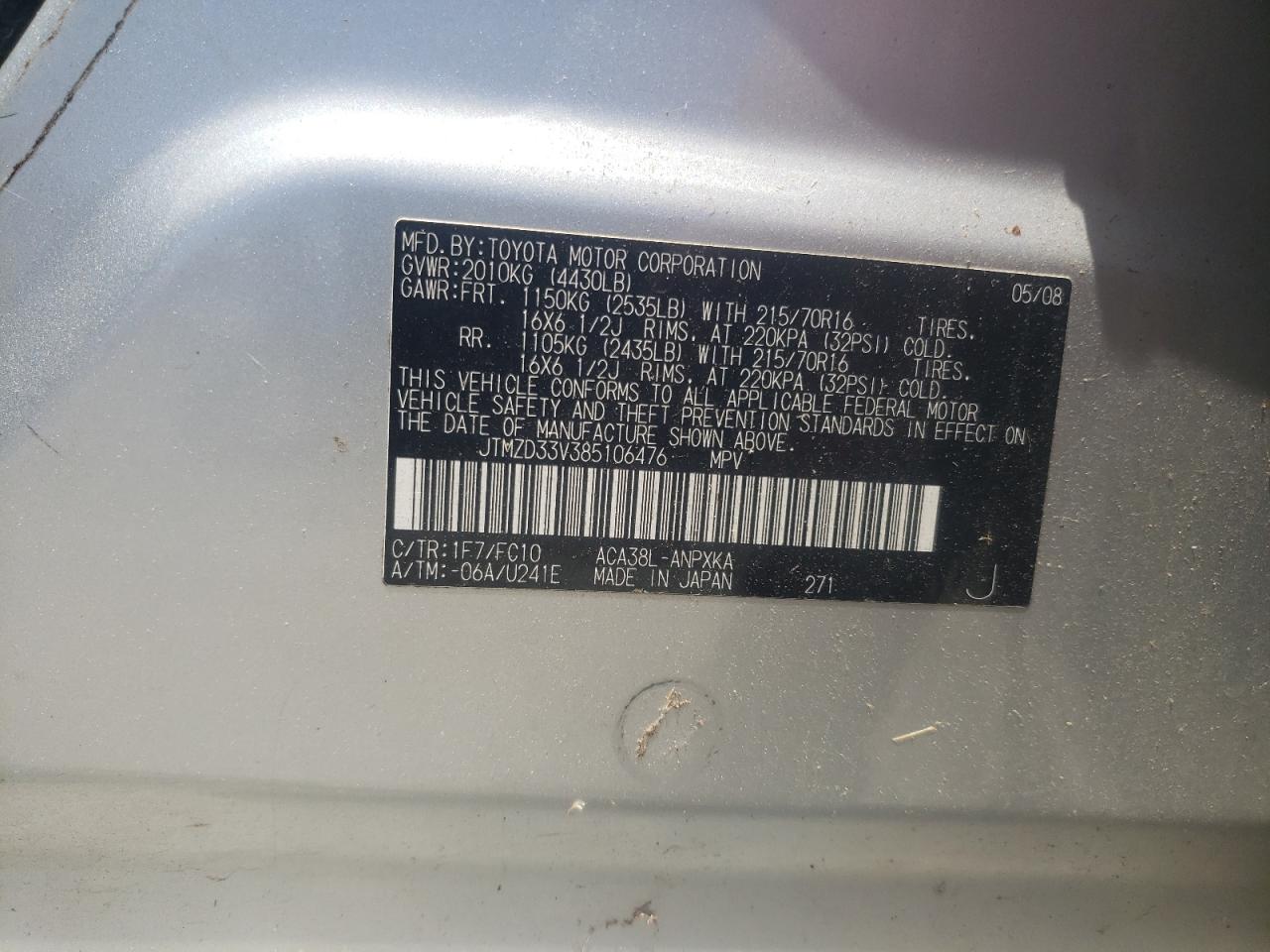 JTMZD33V385106476 2008 Toyota Rav4