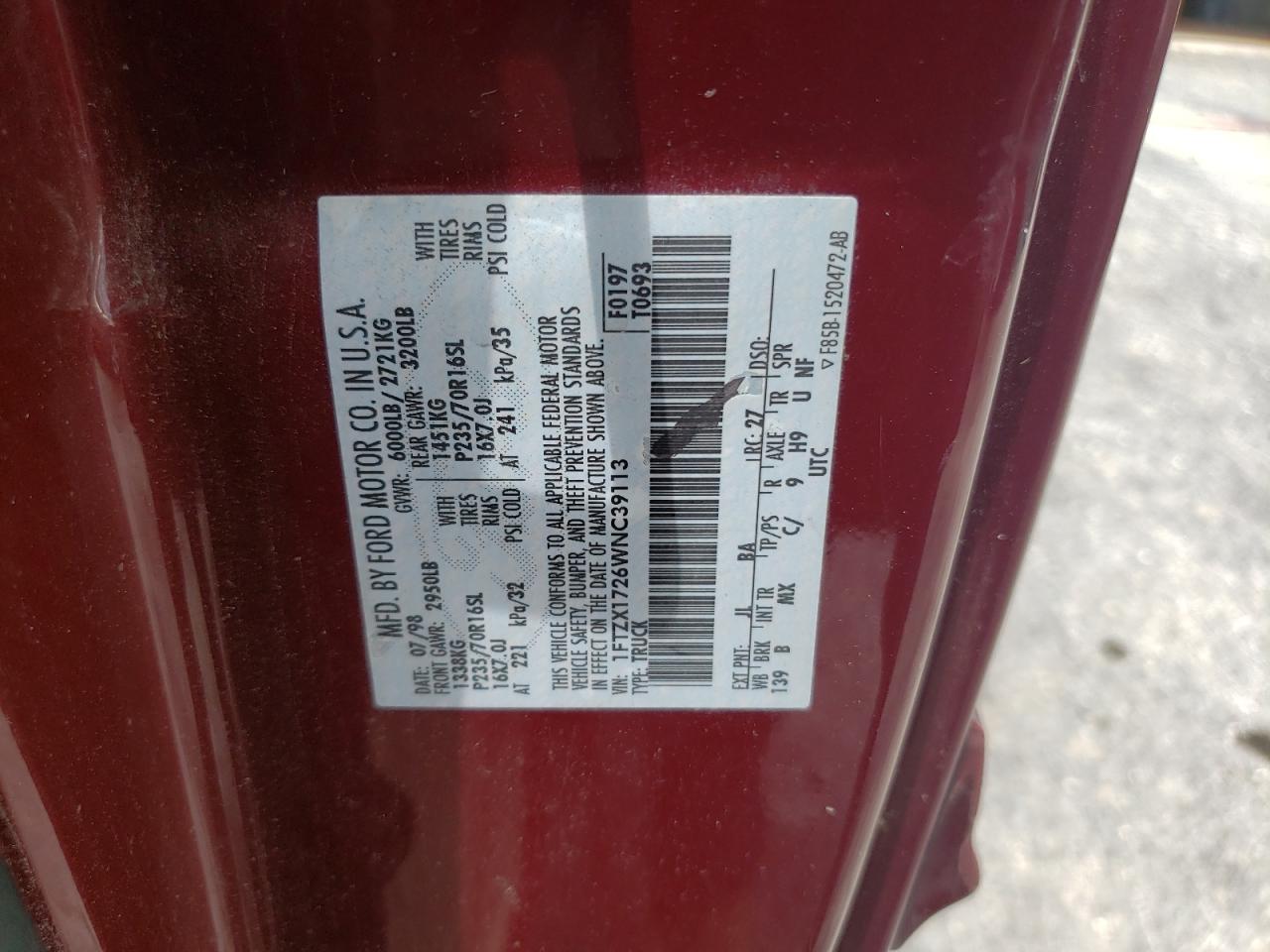 1FTZX1726WNC39113 1998 Ford F150