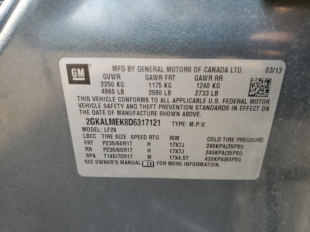 2GKALMEK8D6317121 2013 GMC Terrain Sle