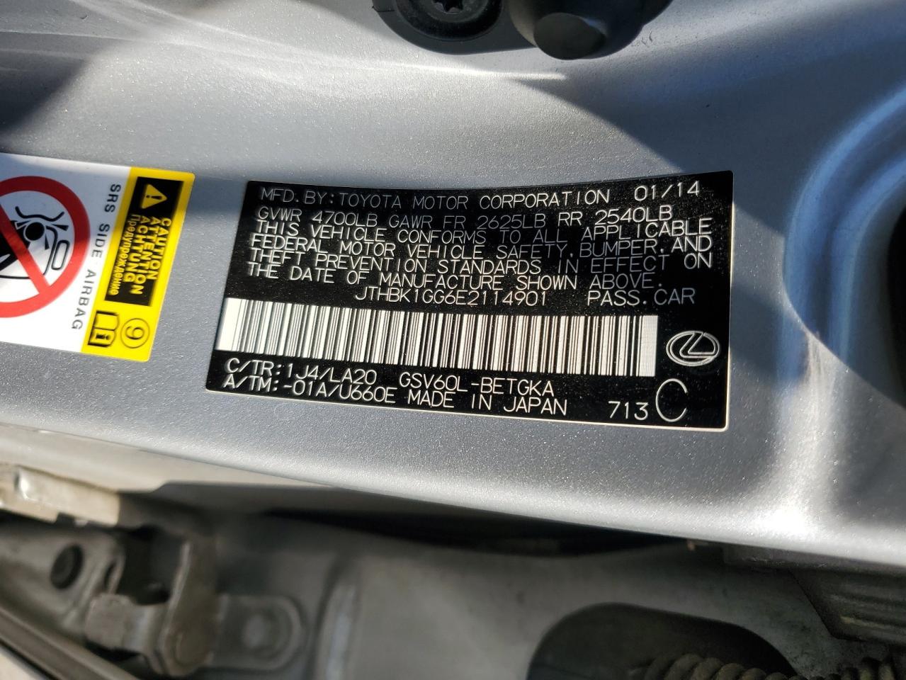 JTHBK1GG6E2114901 2014 Lexus Es 350