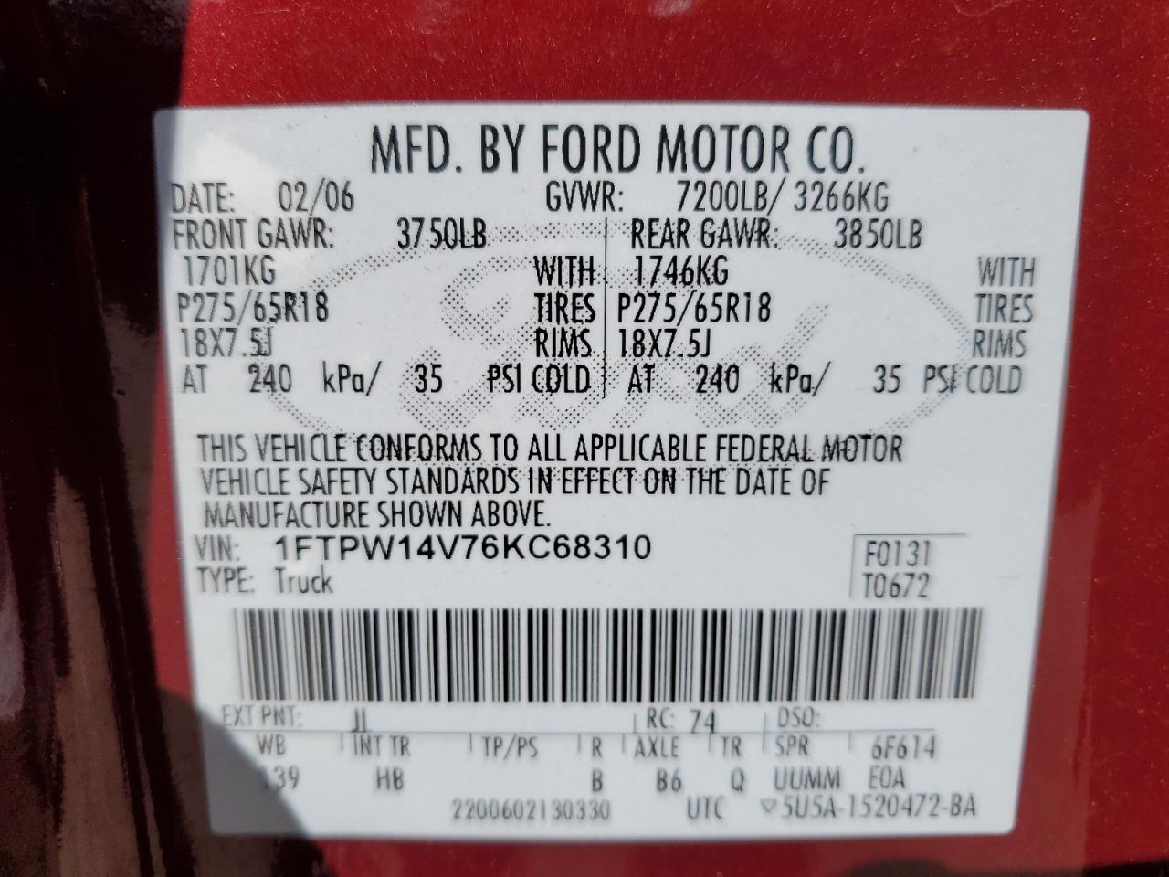 1FTPW14V76KC68310 2006 Ford F150 Supercrew