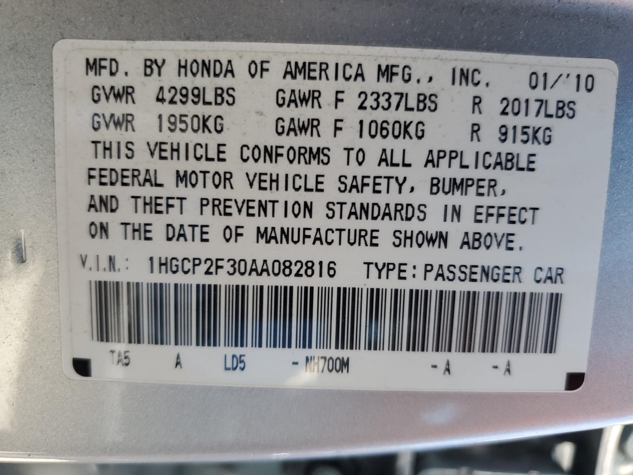 1HGCP2F30AA082816 2010 Honda Accord Lx