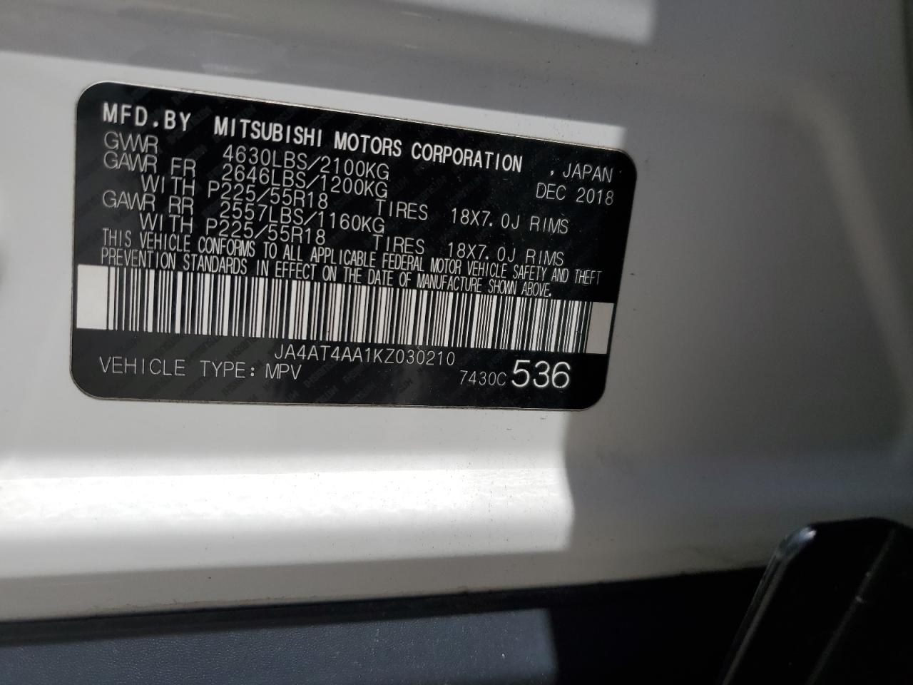 JA4AT4AA1KZ030210 2019 Mitsubishi Eclipse Cross Le