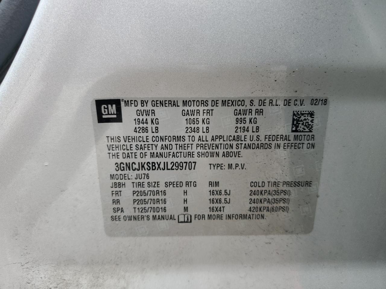 3GNCJKSBXJL299707 2018 Chevrolet Trax Ls