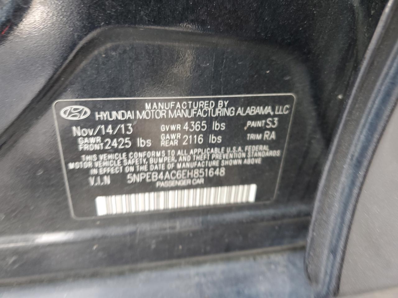 5NPEB4AC6EH851648 2014 Hyundai Sonata Gls